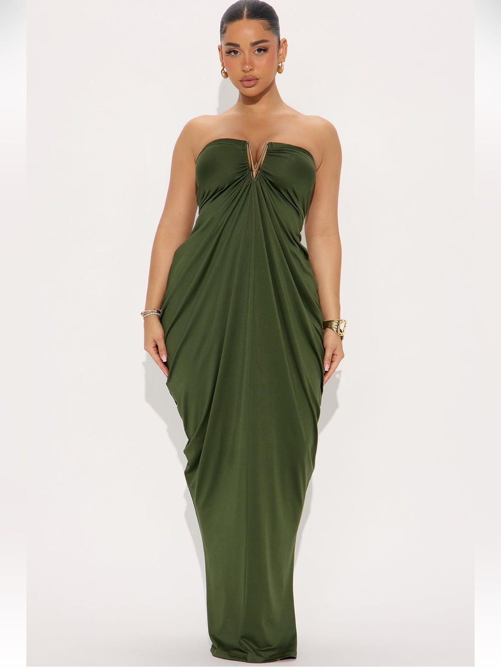 Fashion Nova Noelle Strapless Draped Maxi Dress Olive